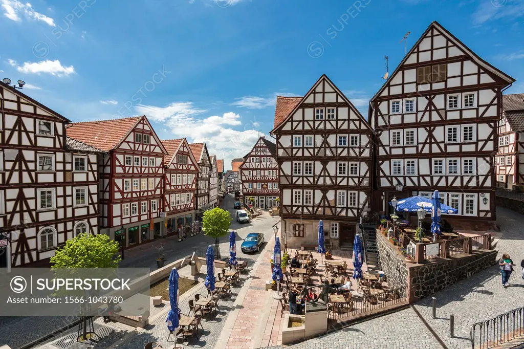Traditional houses at the market square in Homberg Efze on the German Fairy Tale Route, Hesse, Germany, Europe