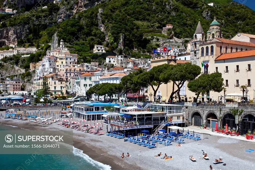 The swimming beach in the town of Amalfi on the Gulf of Salerno in southern Italy