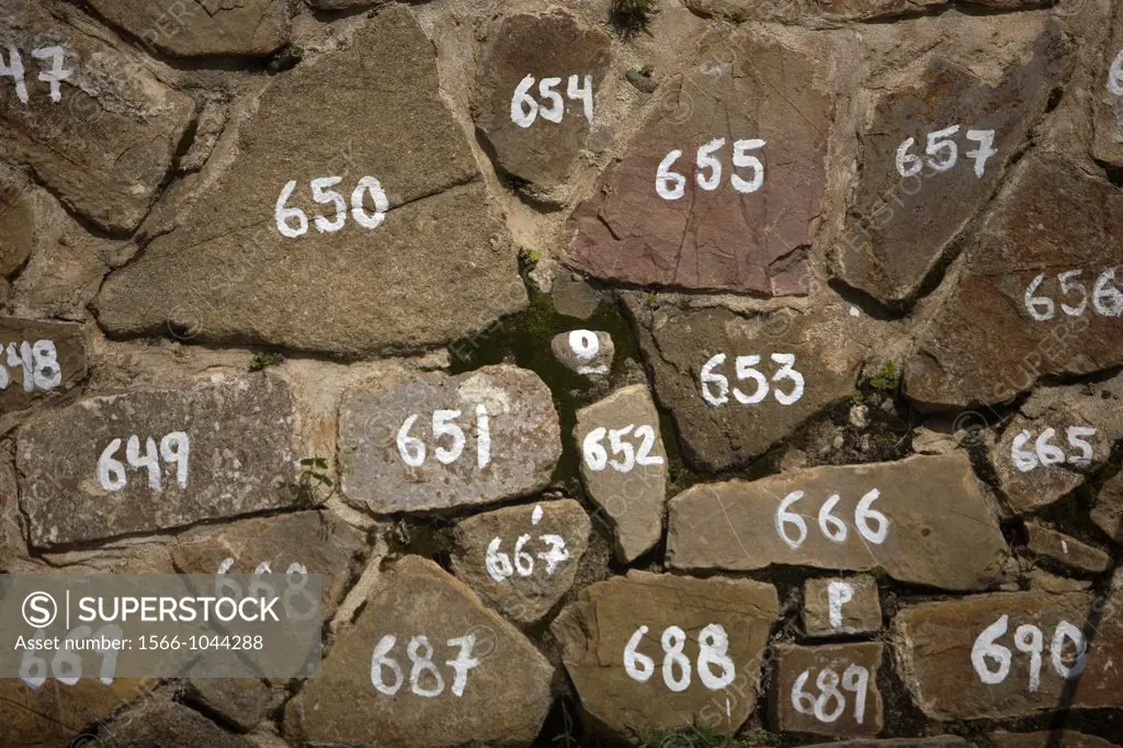 Stones numbered by archaeologists in the Zapotec city of Monte Alban, Oaxaca, Mexico