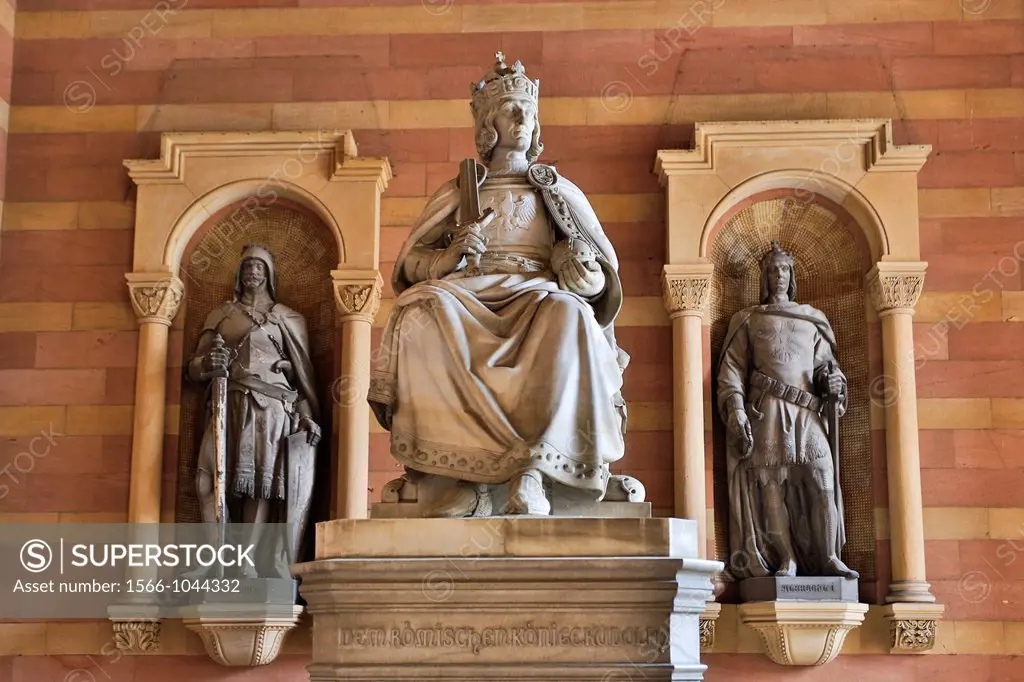 Germany , Speyer City , Speyer Imperial Cathedral W H  ,Emperor´s statue at the Cathedral Main Entrance