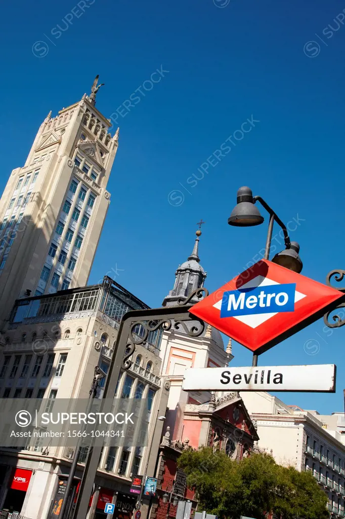 Metro station symbol, Alcala street, Madrid, Spain