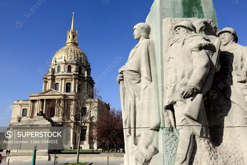 The base of statue of Franch Marshal Marie Emile Fayolle with the chapel of Saint-Louis-des-Invalides in Les Invalides in the background  Paris  Franc...