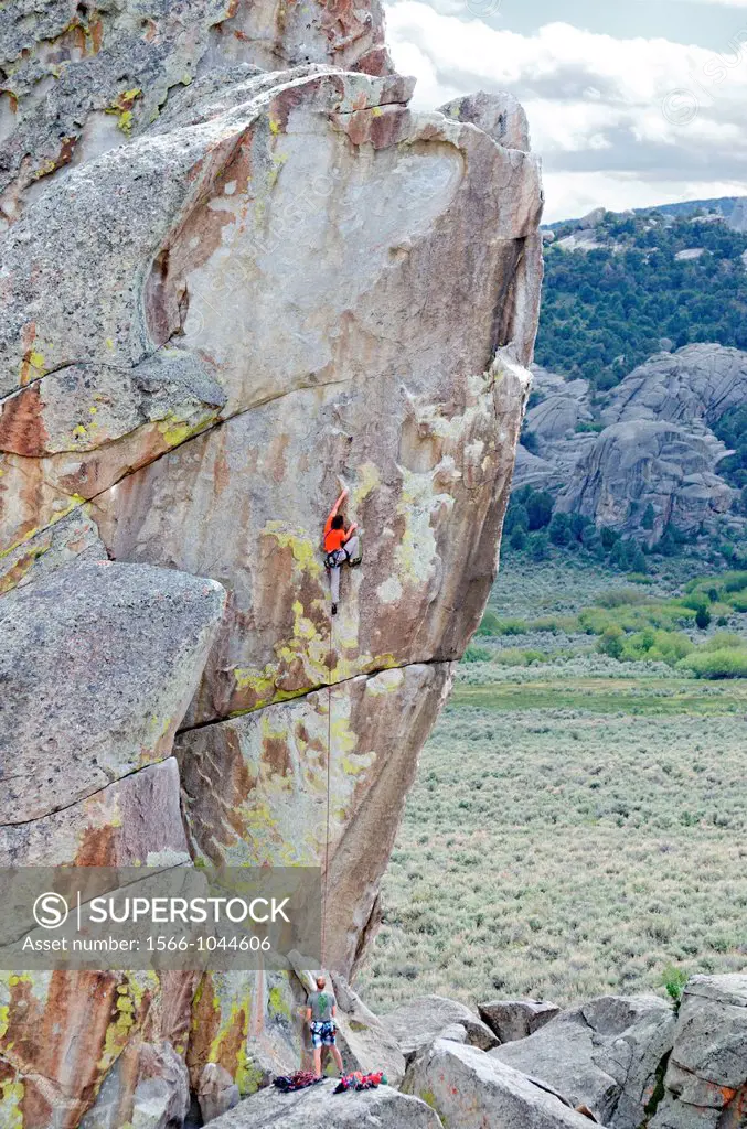 Rock climbing a route called Techno Weenie which is rated 5,11 and located on the Building Blocks at The City Of Rocks National Reserve near the town ...