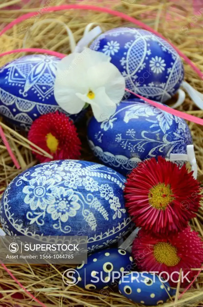 Colorful Easter Eggs resting in Hay