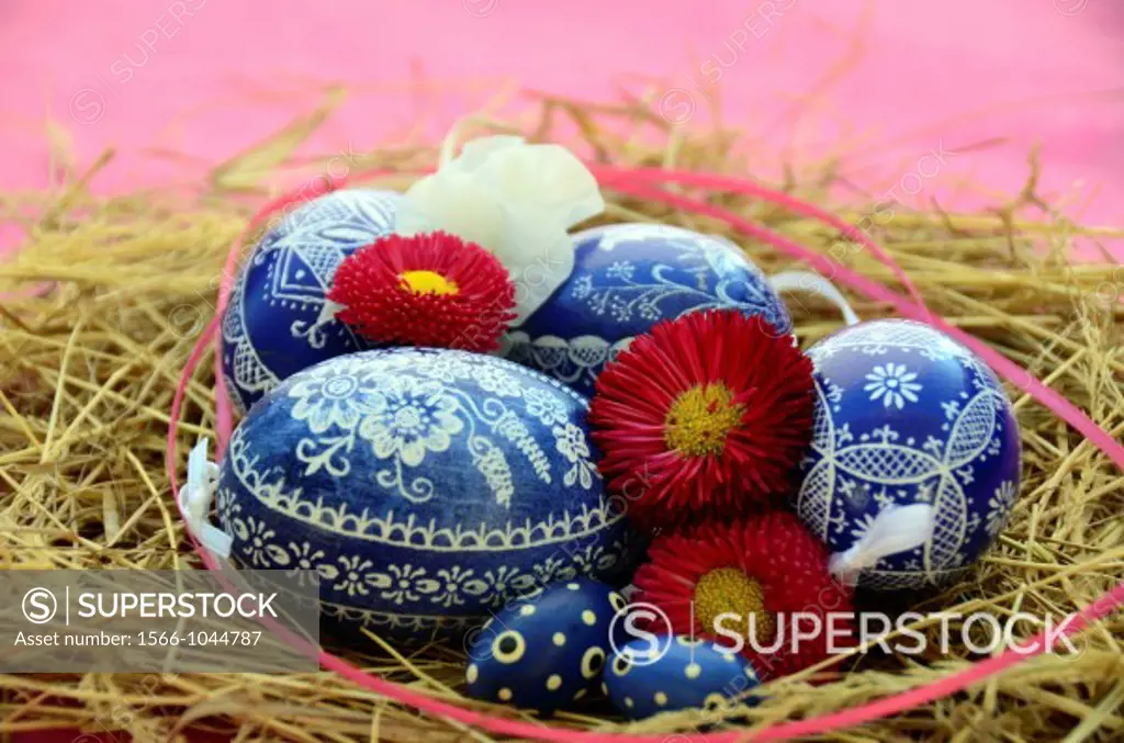 Traditional Easter Eggs resting in Hay