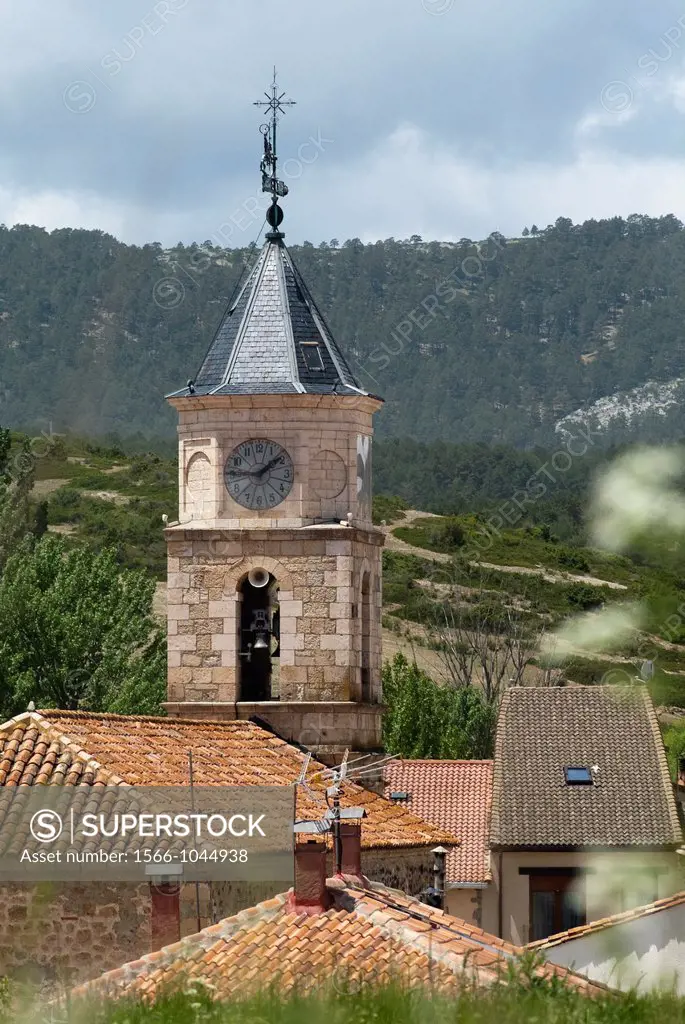 steeple of the Church of Santiago el Mayor, Guadalaviar, Universal Mounts, Teruel, Spain, Europe