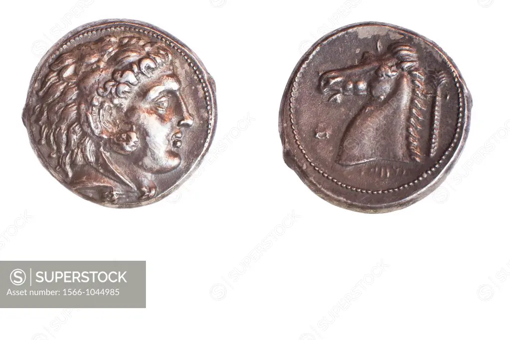 Ancient Greek coin Carthage 325-300 BCE Silver tetradrachm 17 2 gr  Left Head of Heracles right head and neck of horse
