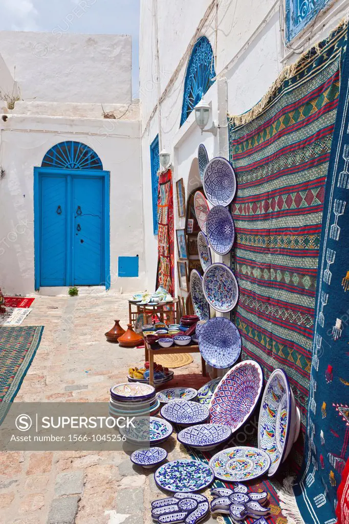 A street market and shop in Sidi Bou Said, Tunisia