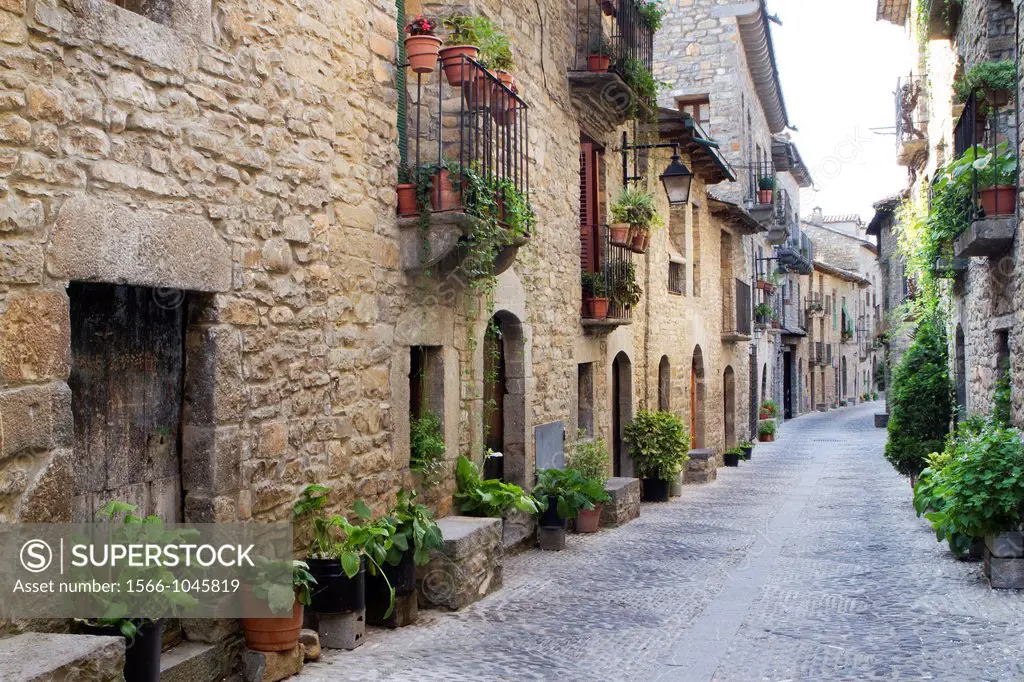 Street in Aínsa, a medieval village in Sobrarbe region, declarated Historical-Artistic Site  Huesca, Aragón, Spain