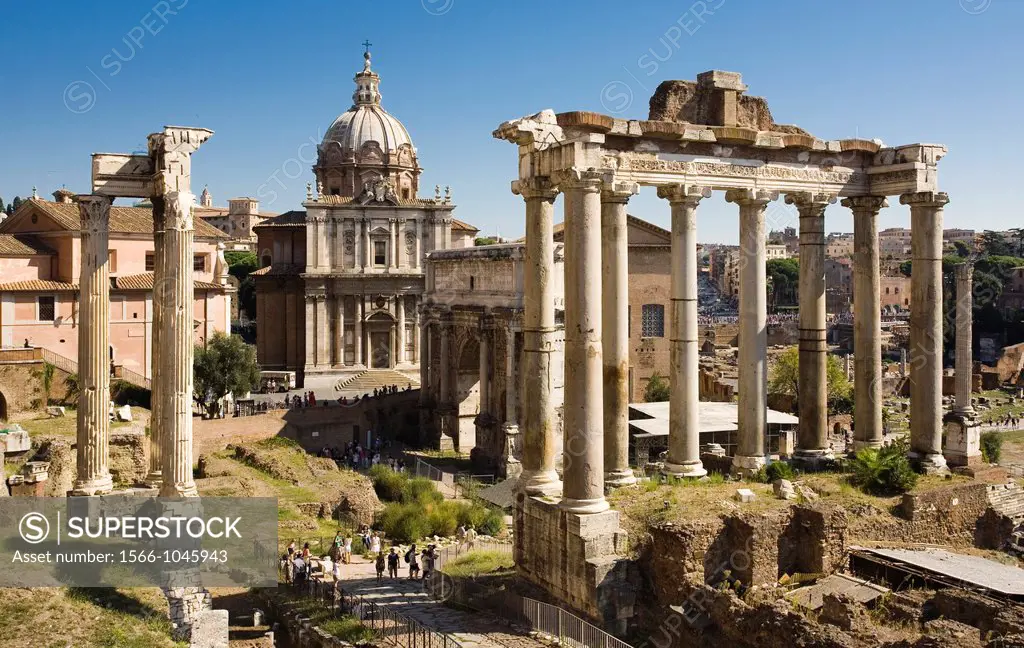 Columns of the Temple of Vespasian, Church of Santi Luca e Martina, Arch of Septimius Severus, Temple of Saturn, Forum Romanum, Roman Forum, Rome, Laz...
