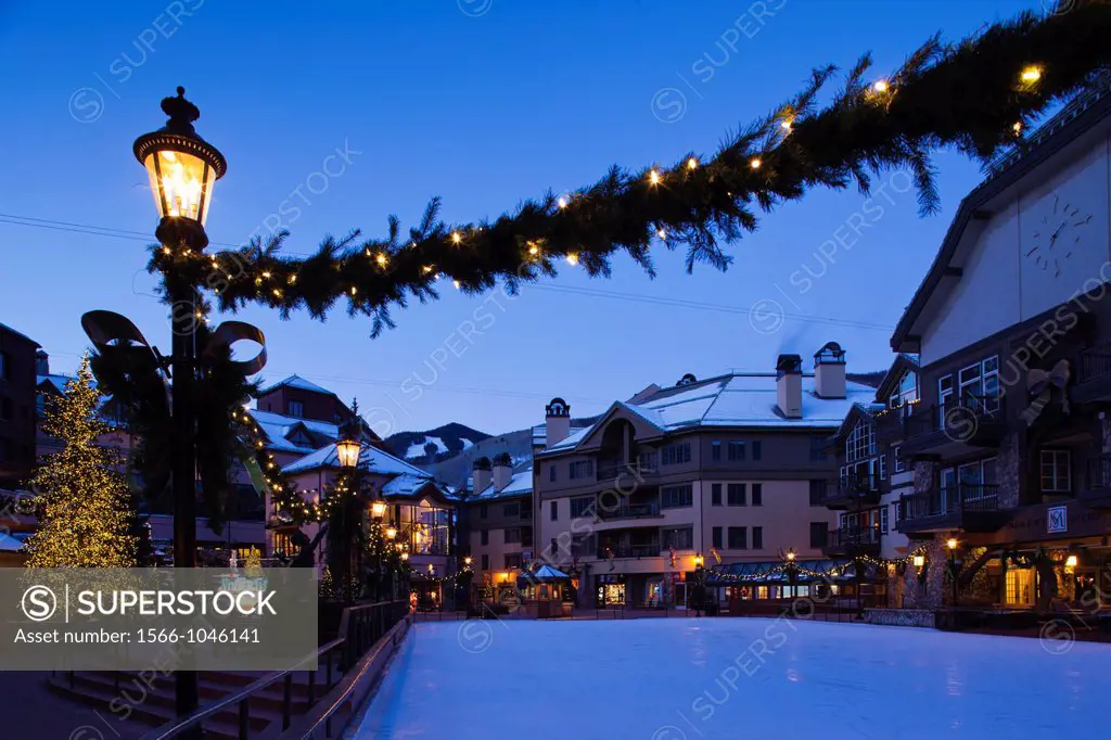 USA, Colorado, Beaver Creek, Beaver Creek Ski Resort, ice rink, dawn