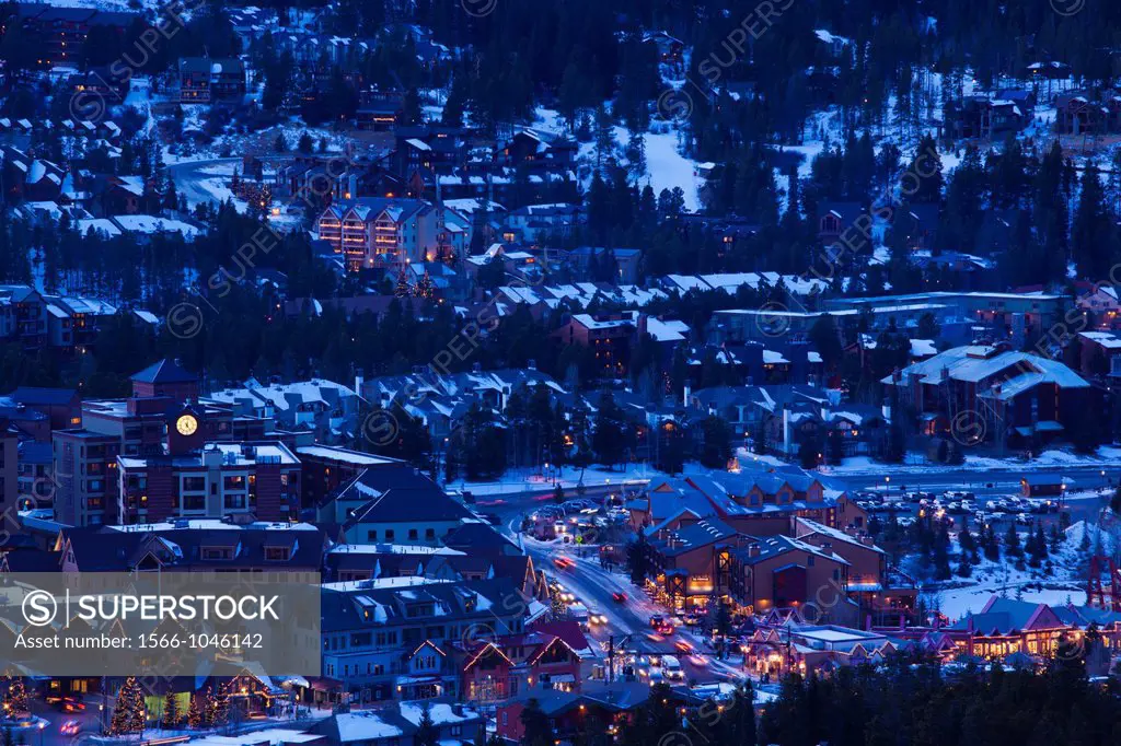 USA, Colorado, Breckenridge, elevated town view from Mount Baldy, dusk