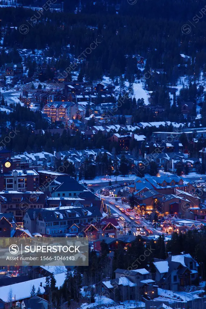 USA, Colorado, Breckenridge, elevated town view from Mount Baldy, dusk