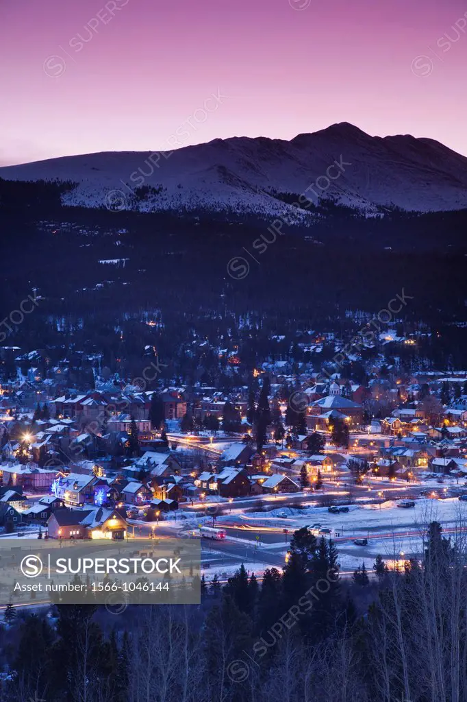 USA, Colorado, Breckenridge, elevated town view with Mount Baldy, dawn