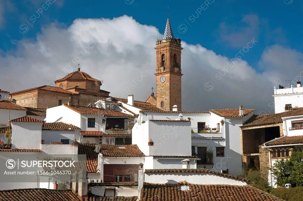 Urban view with church  Fuenteheridos  Huelva-province  Spain