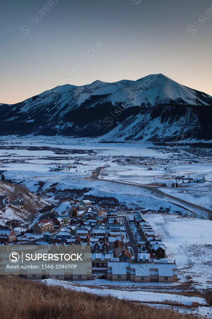 USA, Colorado, Crested Butte, Mount Crested Butte Ski Village, elevated view, winter, dusk
