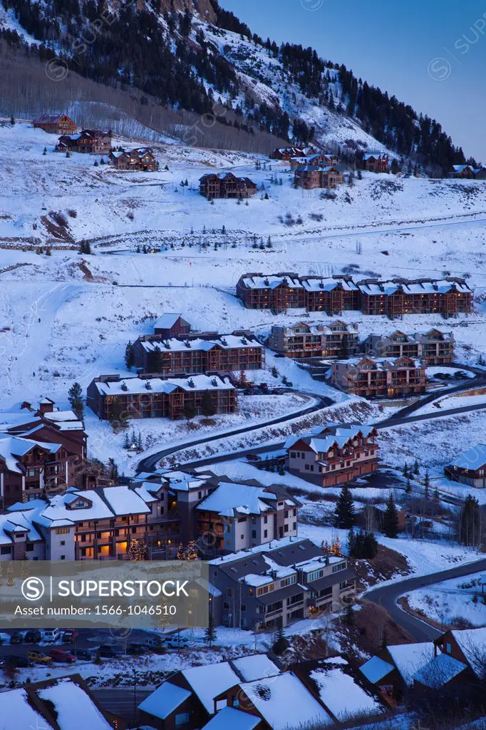 USA, Colorado, Crested Butte, Mount Crested Butte Ski Village, elevated view, winter, dusk