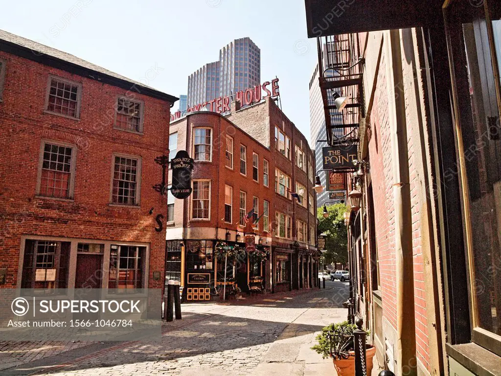 Historic Boston, Massachusetts. This is the oldest neighborhood in Boston and is preserved as it was in the 18th Century A high rise building of moder...
