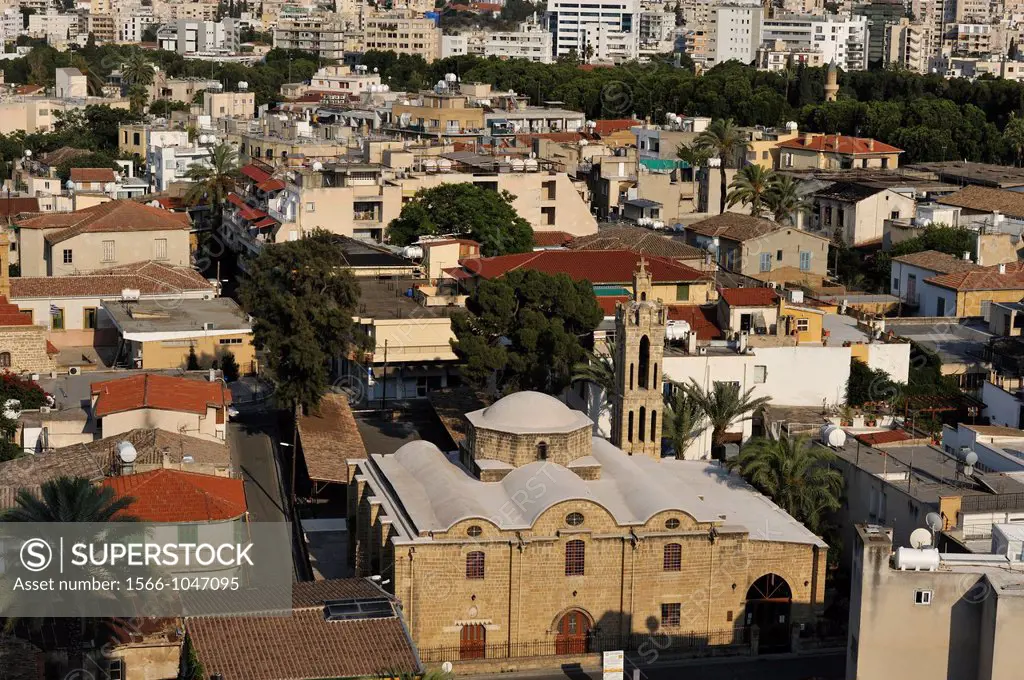 aerial view with the Church of Archangel Michael Trypiotis foreground, Nicosia, Cyprus, Eastern Mediterranean Sea