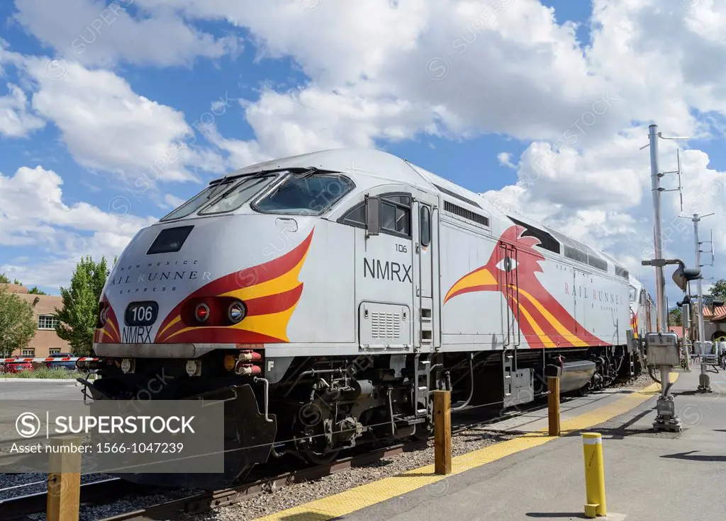 New Mexico Railrunner locomotive at Santa Fe railroad station, New Mexico, USA