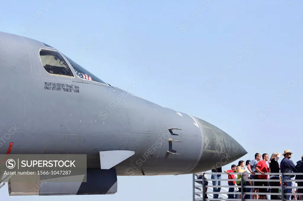A U S  Air Force B-1 Bomber looms over spectators at an air show, Seymour Johnson Air Force Base, Goldsboro, North Carolina, USA