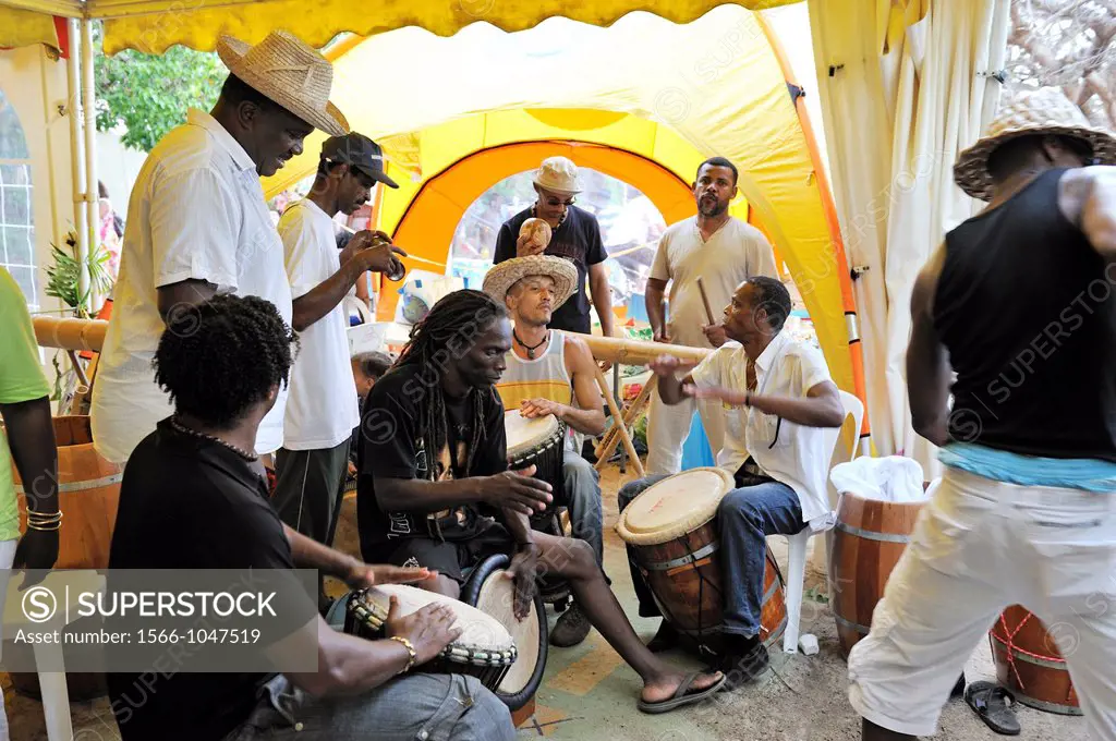 drum band on the beach, Yoles Festival, Sainte-Anne Bay, Martinique, french island overseas region and department in the Lesser Antilles in the easter...