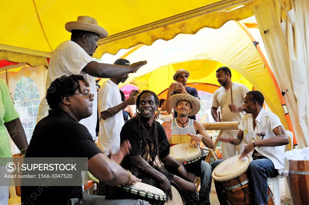 drum band on the beach, Yoles Festival, Sainte-Anne Bay, Martinique, french island overseas region and department in the Lesser Antilles in the easter...