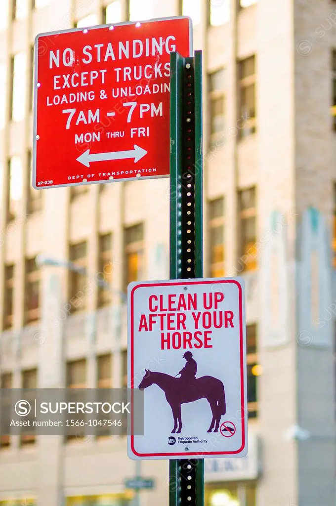 A sign mimicking a NYC traffic sign instructing horse-riding police officers to clean up poop