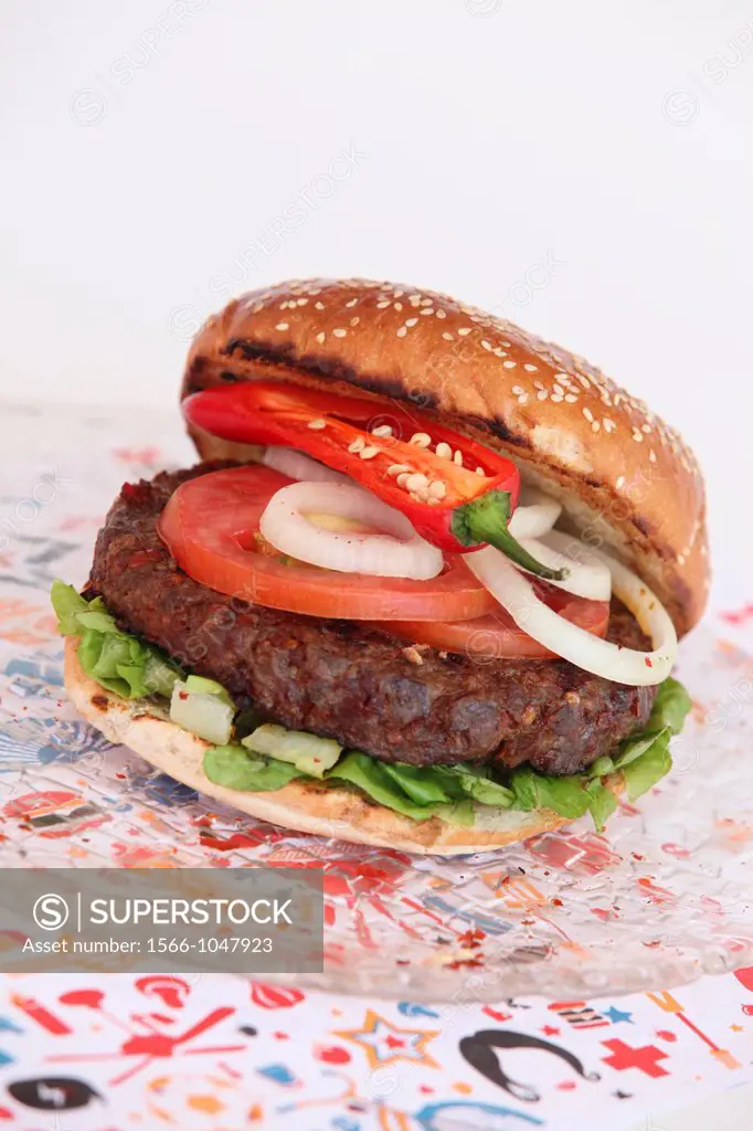 Hot and spicy Hamburger with lettuce onion and tomato