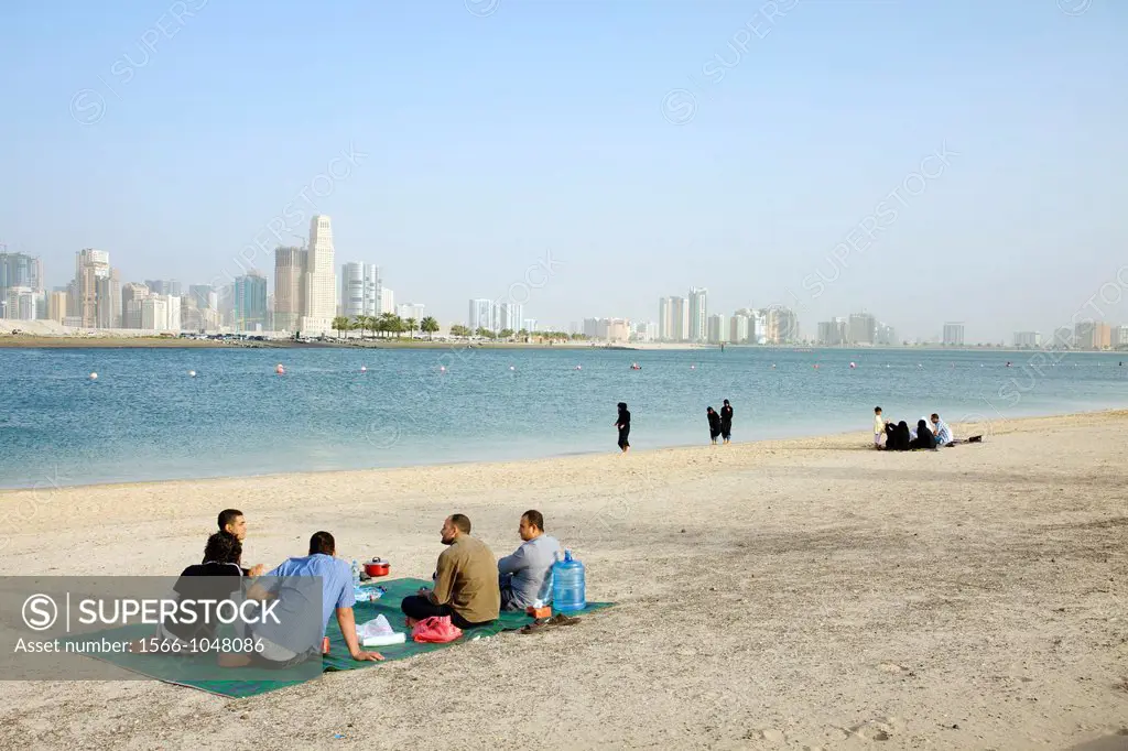 Beach near Al Mamzer Park and Sharjah on the background, Dubai City, Dubai, United Arab Emirates, Middle East.