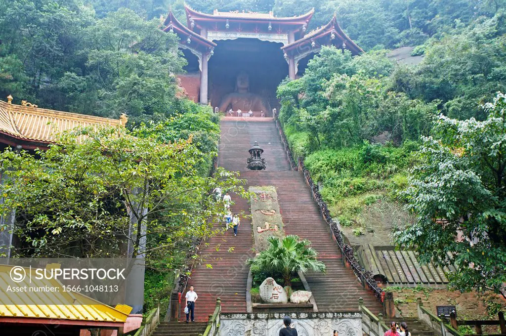 Stairs to the Leshan Giant Buddha, Leshan, Sichuan Province, Dadu river a tributary of the Yangtze River, China.