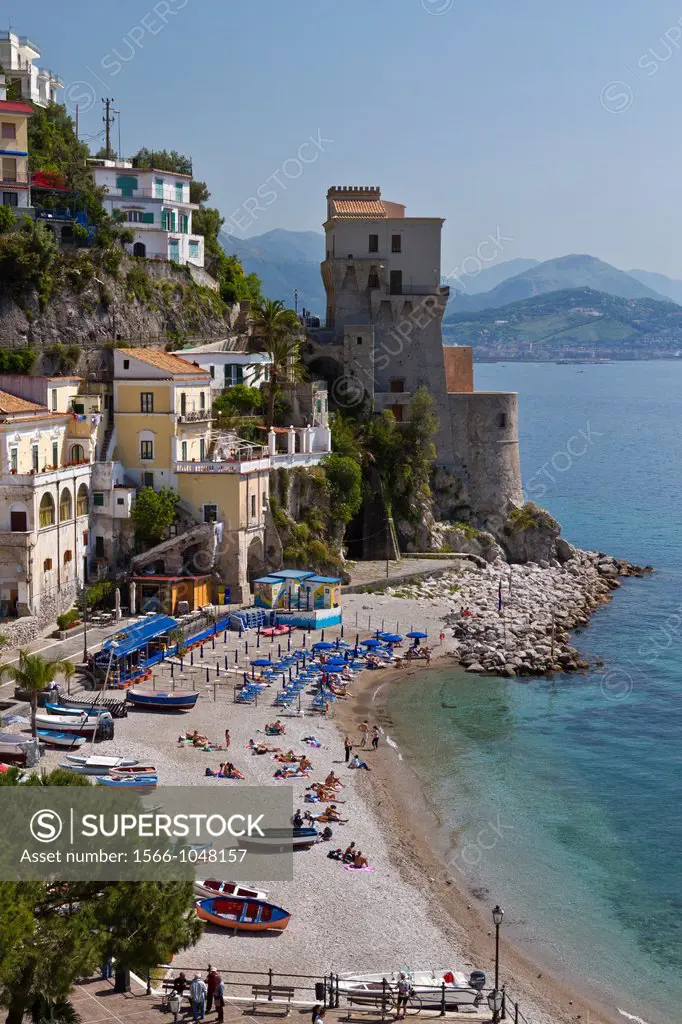 The beach and the Viceroy Tower in the fishing village of Cetara on the Amalfi Coast, Campania, Italy