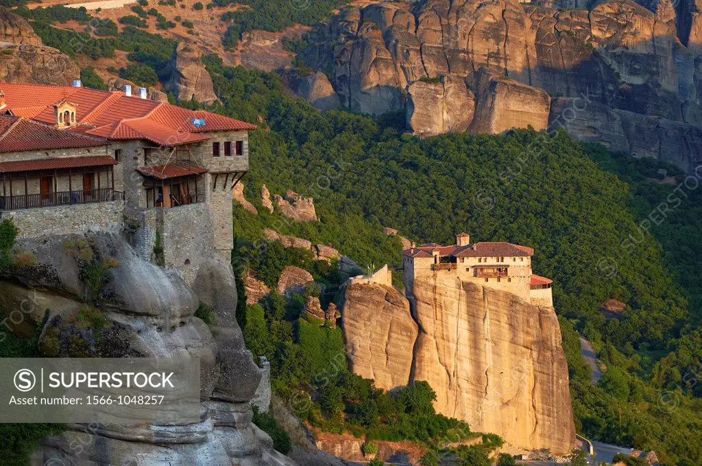 Greece, Thessaly, Meteora, Unesco World Hertitage, Megalo Meteoro monastery and Roussanou monastery