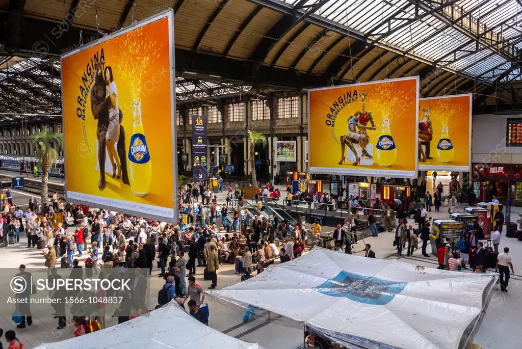 Paris, France, Aerial View, Crowd Travelers on platform in Train Station, Gare de Lyon, with French Advetising Posters in Background. 