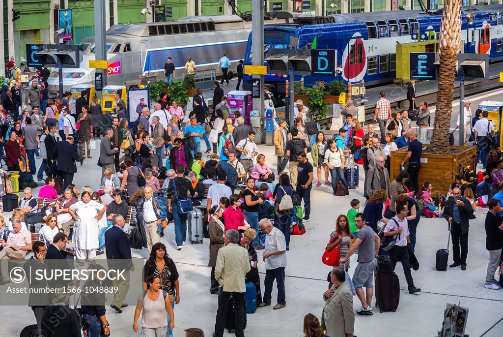Paris, France, Aerial View, Crowd Travelers on platform in Train Station, Gare de Lyon, with T.G.V. Bullet Train in Background. 