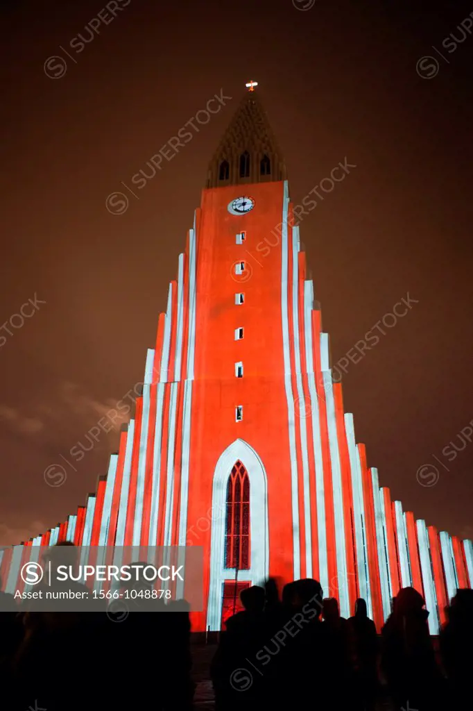 Laser light show on Hallgrimskirkja Church, Reykjavik, Iceland  Annual winter lights festival in Reykjavik
