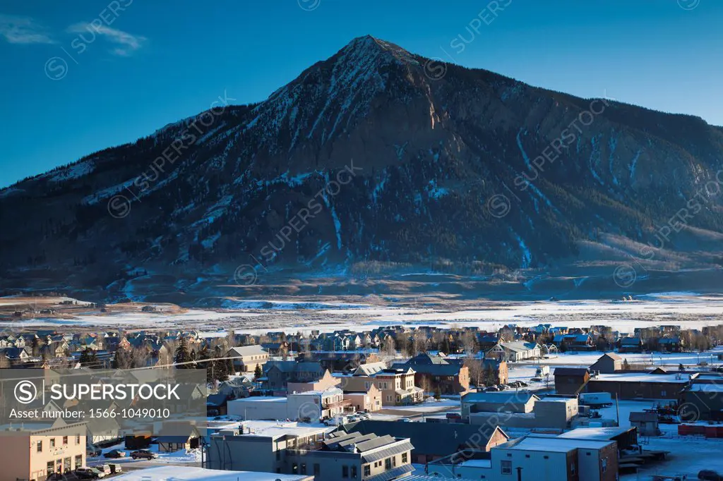 USA, Colorado, Crested Butte, elevated town view, with Mount Crested Butte, morning