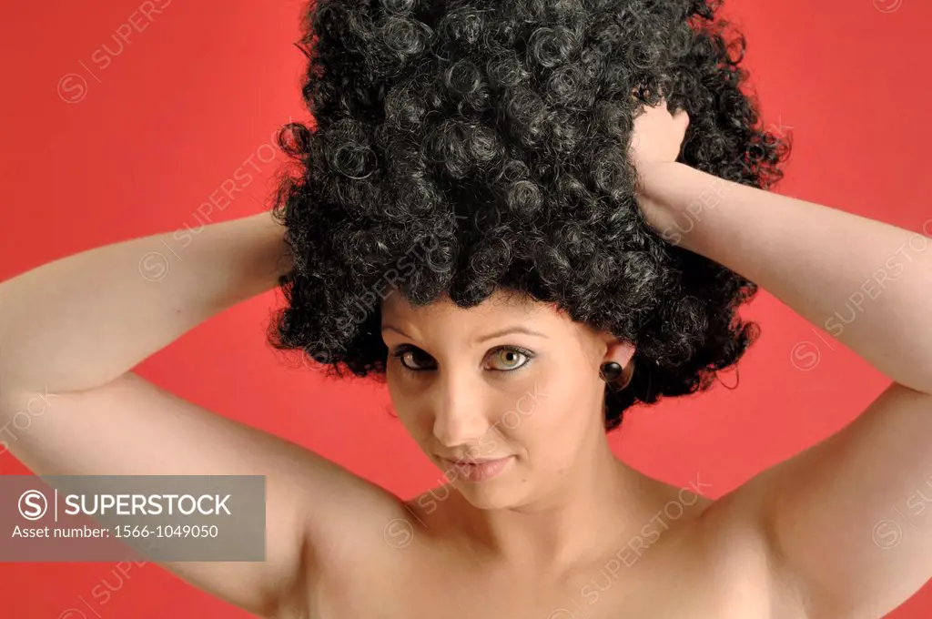 Portrait of woman wearing a wig