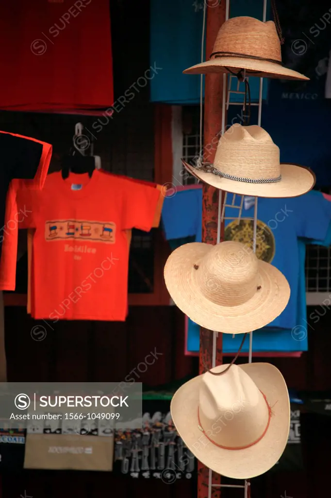 Straw hats and T-shirts for sale in the souvenir market in Xochimilco  Xochimilco  Mexico.