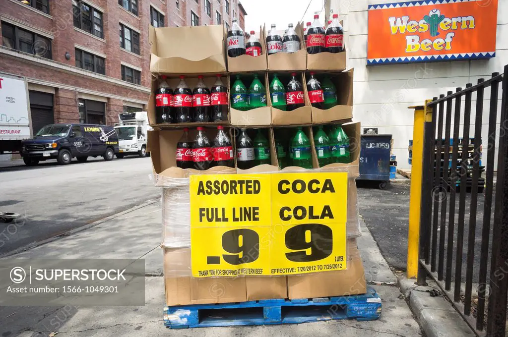 A display promoting discounts on Coca-Cola brands outside a Western Beef supermarket in the New York neighborhood of Chelsea