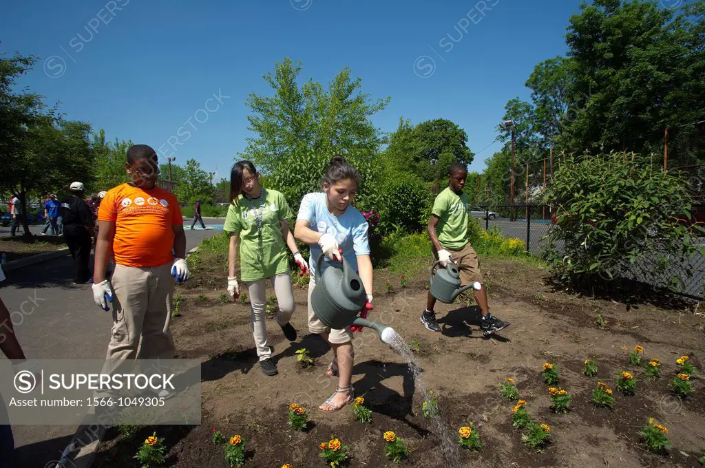 Eighth graders plant vegetables and flowers in a garden for the school children of a public school in Newark, NJ