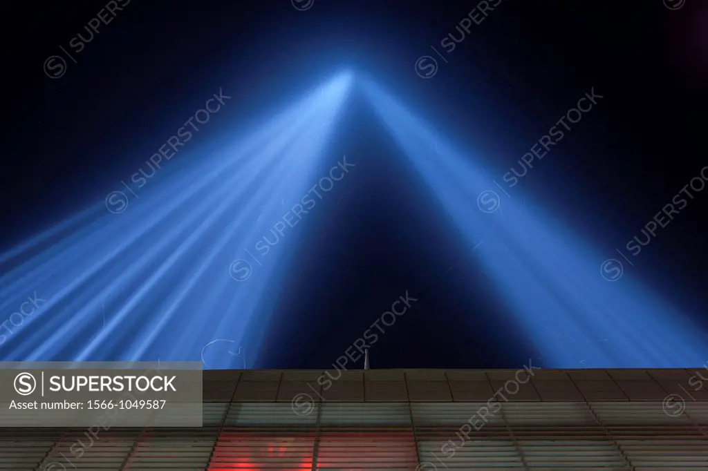 The twin beams of light of the Tribute in Light, an annual memorial to the events of September 11, 2001, shine into the night sky in New York City on ...