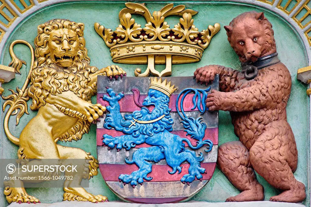 coat of arms of Bruges city, Building detail, Brugge, Bruges, Flanders, Belgium.