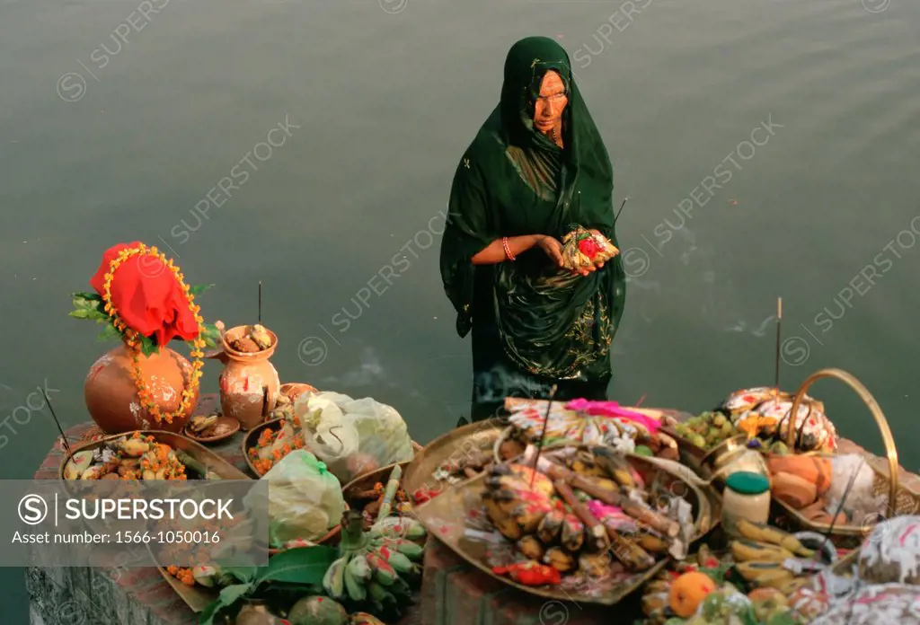 Hindu woman celebrating Chauth, a religious festival when women pay homage to their husbanb. Nepal.