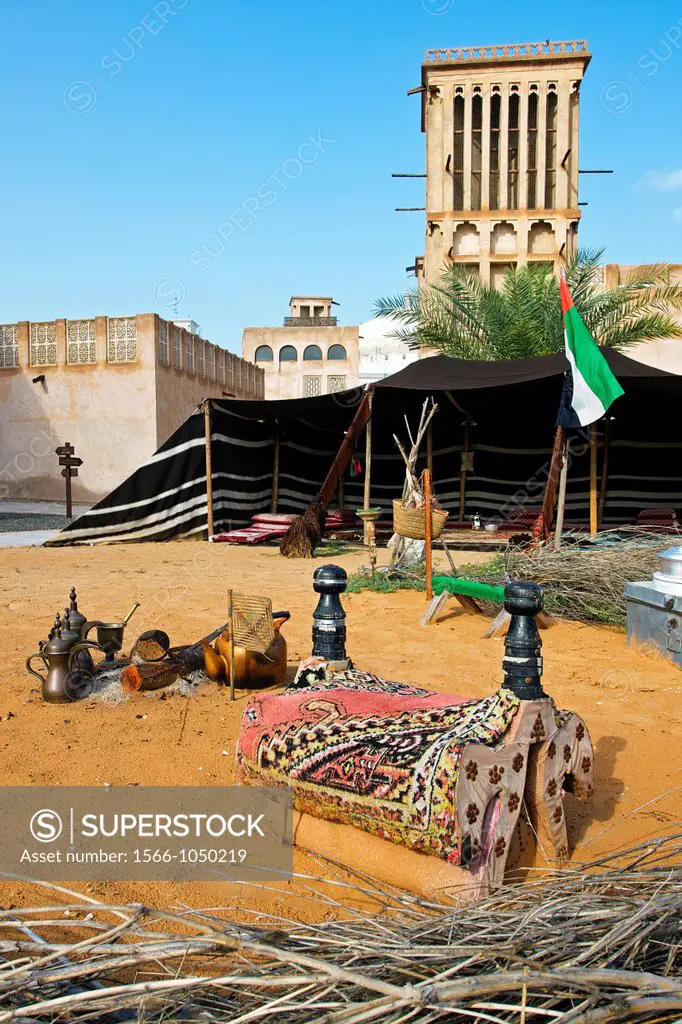 Traditional Bedouin tent in Heritage Village , Dubai City, Dubai, United Arab Emirates.