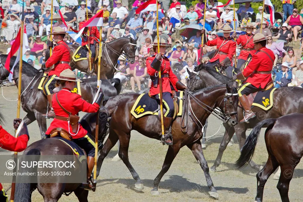 RCMP officers in scarlet jackets riding their horses in a routine during their musical ride event