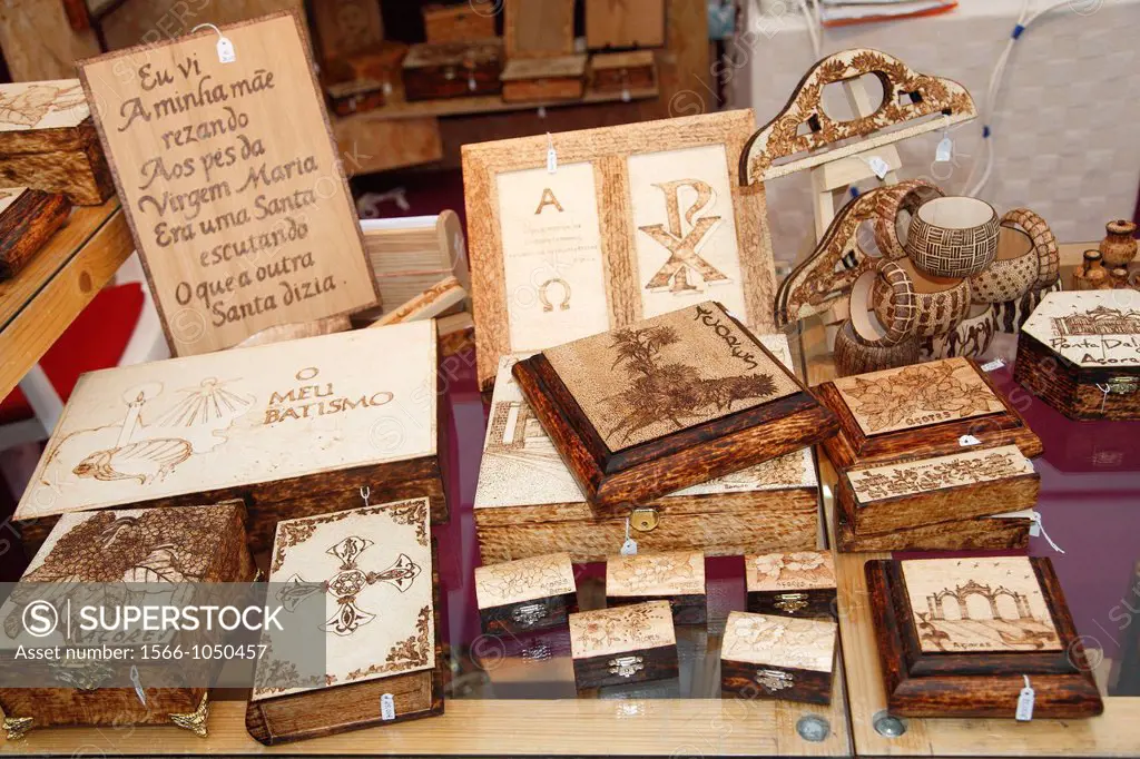 Pyrography items on display  Craftwork made in Sao Miguel island, Azores, Portugal
