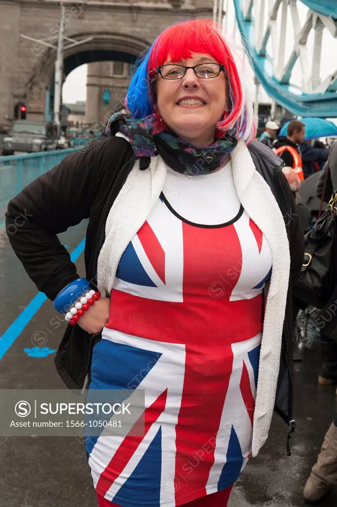Debbie Howard from Essex, England wearing patriotic Union Jack dress, on Tower Bridge, during Queens Thames Diamond Jubilee Pageant, London, UK, 3rd ...