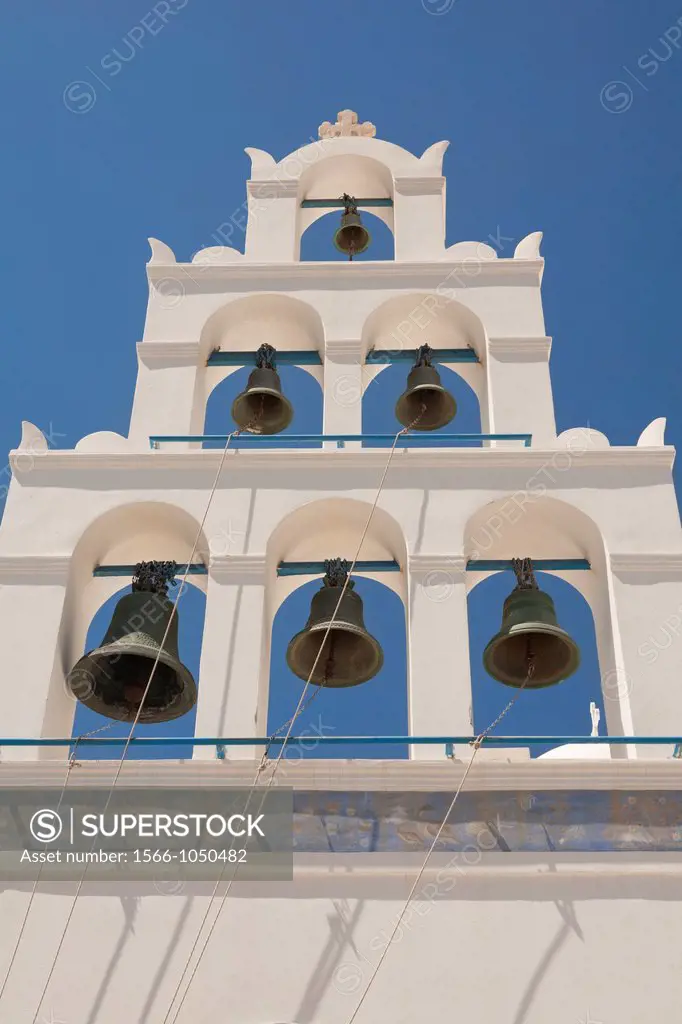 Bell tower of Panagia Platsani Church, Caldera Square, Oia, Santorini, Greece