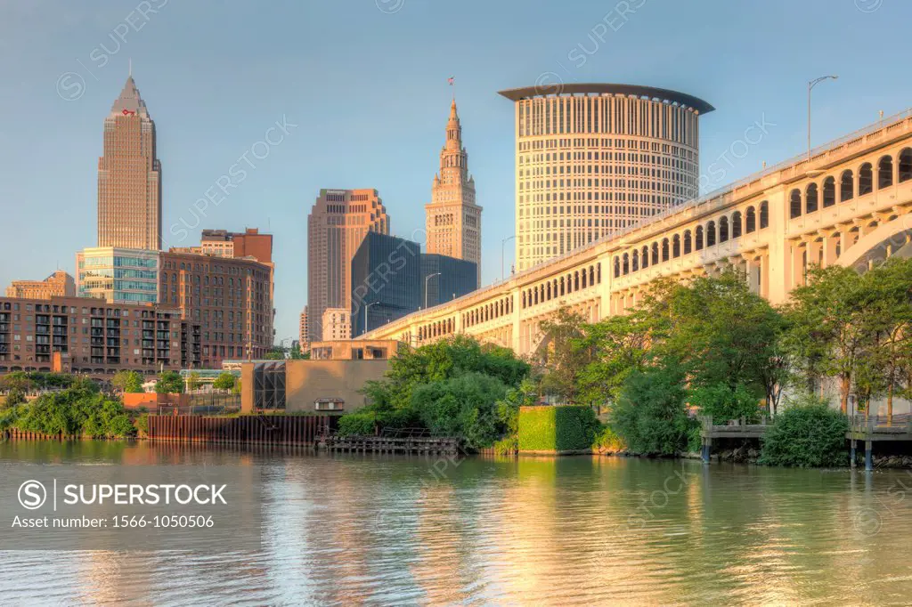The skyline of Cleveland, Ohio, USA as viewed over the Cuyahoga River from the Flats.